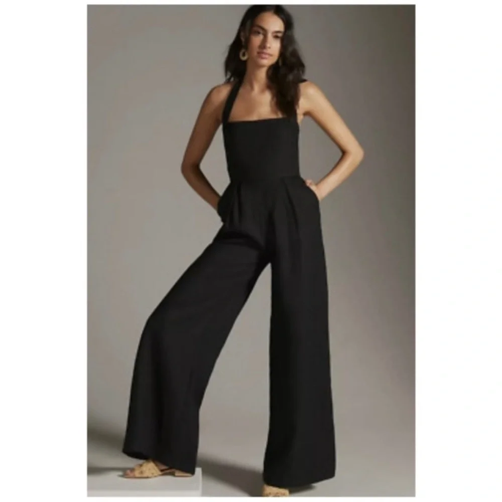 Rumer Freya‎ Jumpsuit Size XL black linen halter tie neck resort wear